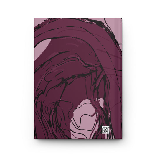 Back cover of Meandering River sketchbook with a sweeping river bend design in plum, pink, and black.