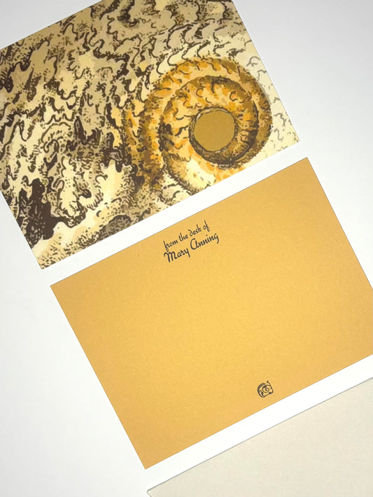 Close-up of Ammonite stationery showing a gold and brown fossil illustration and a personalized golden yellow writing side.