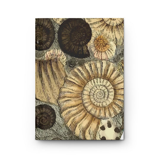 Front cover of Ammonite Inclusion sketchbook with illustrated spiral fossils in cream, tan, and dark brown.