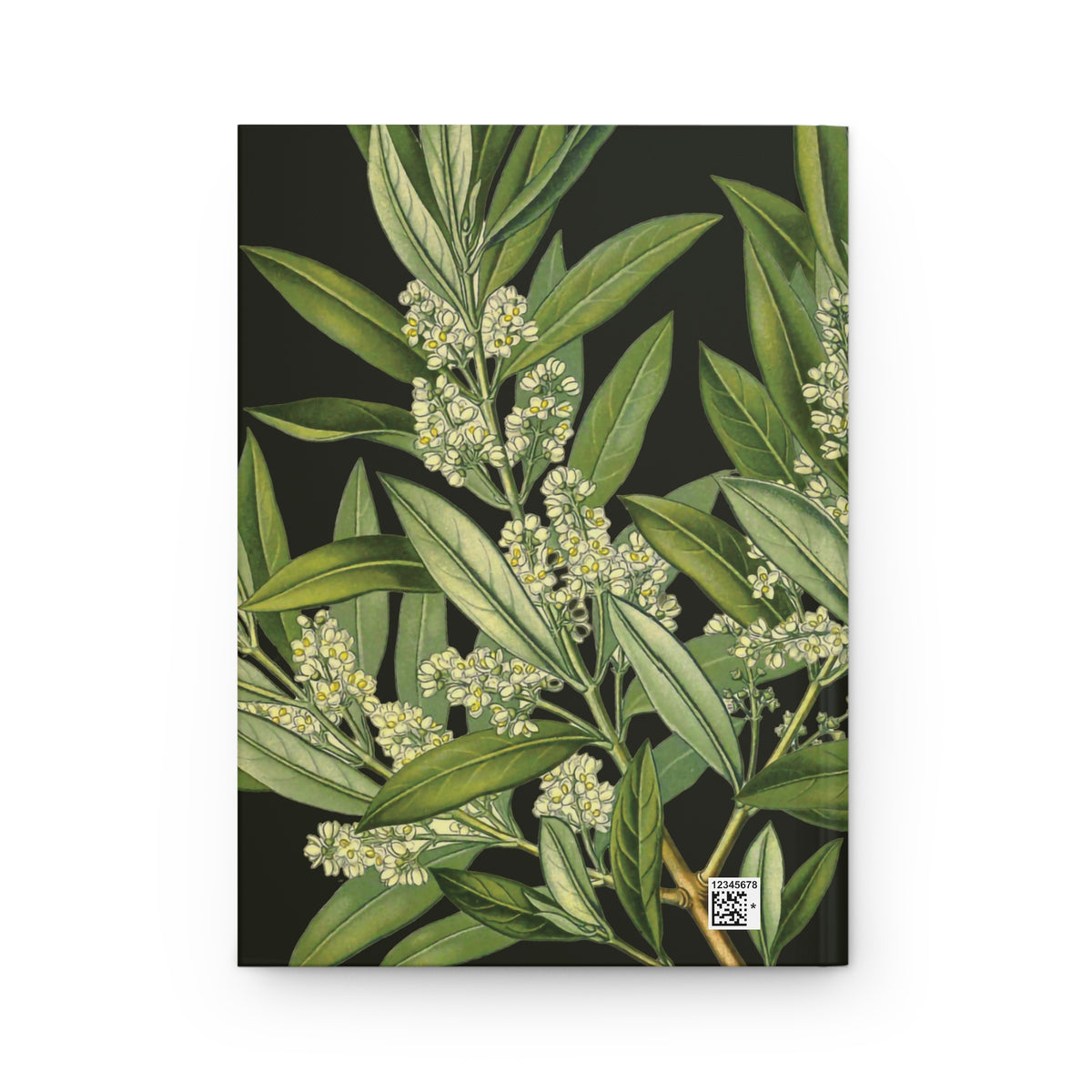 Back cover of Olive Branch journal with an olive leaf and blossom pattern.