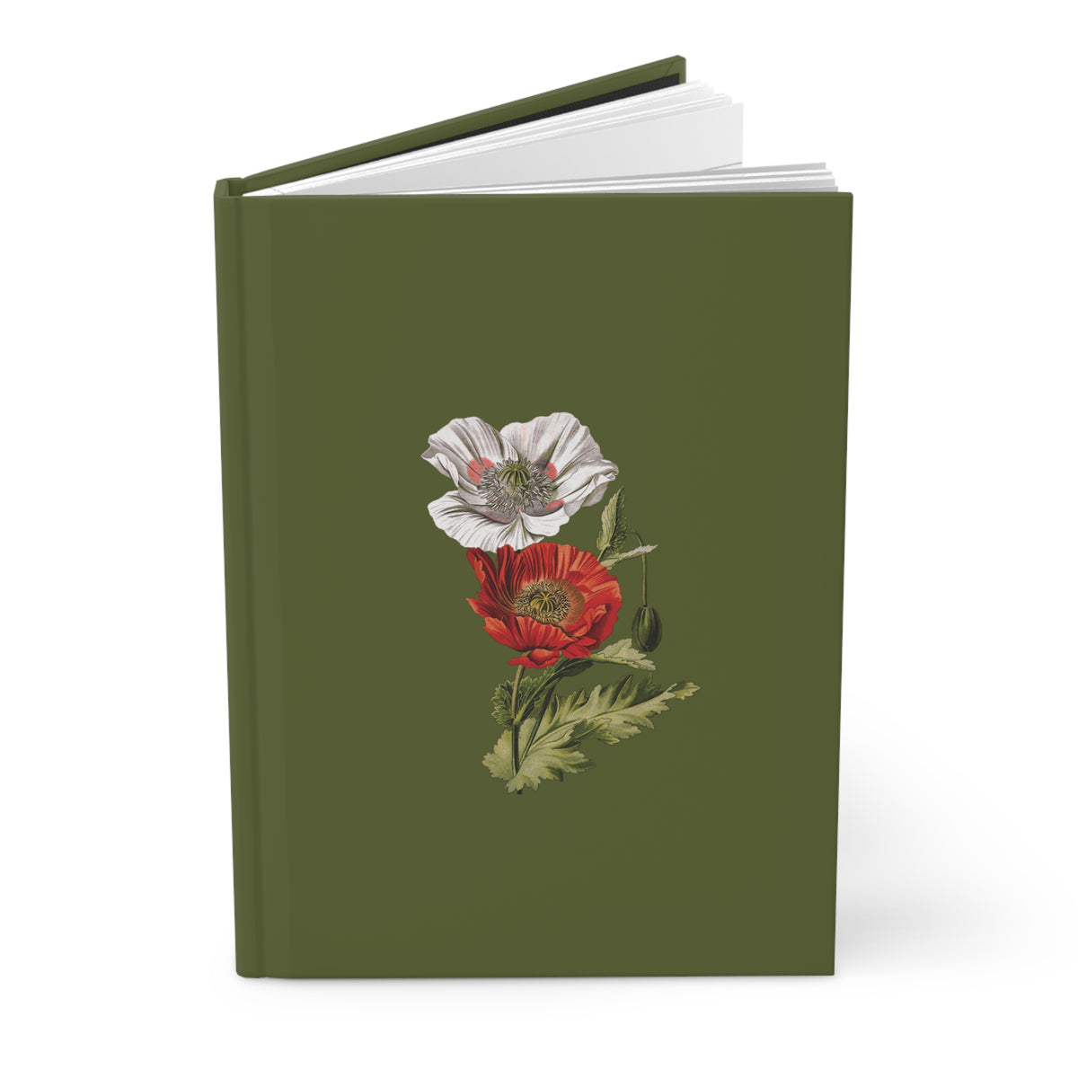 Poison Poppies hardcover journal standing partly open, showing its olive green poppy cover.