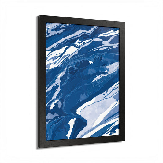 Angled view of Appalachian Rock art print showing its black frame and layered blue and white geological design.