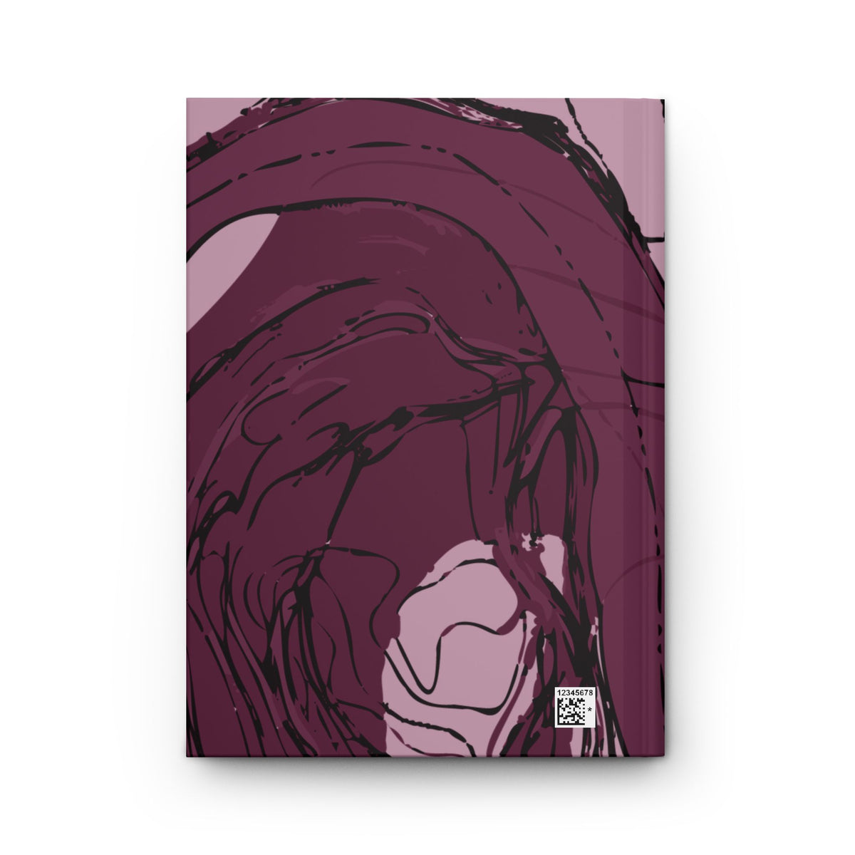 Back cover of Meandering River sketchbook with a sweeping river bend design in plum, pink, and black.