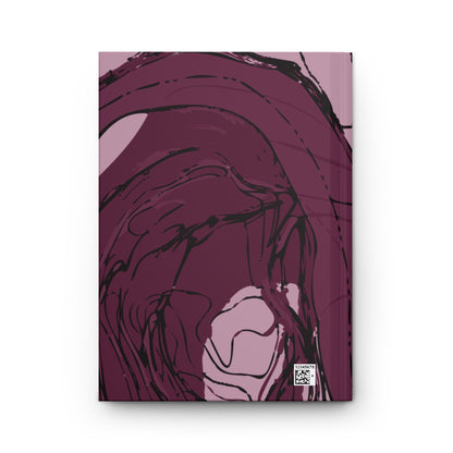 Back cover of Meandering River sketchbook with a sweeping river bend design in plum, pink, and black.