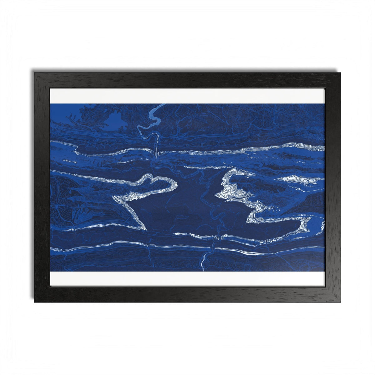 Waterworld West Virginia map print with winding white lines on deep blue, shown horizontally in a black frame.