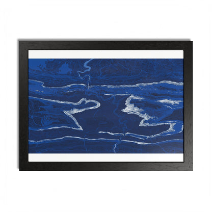 Waterworld West Virginia map print with winding white lines on deep blue, shown horizontally in a black frame.