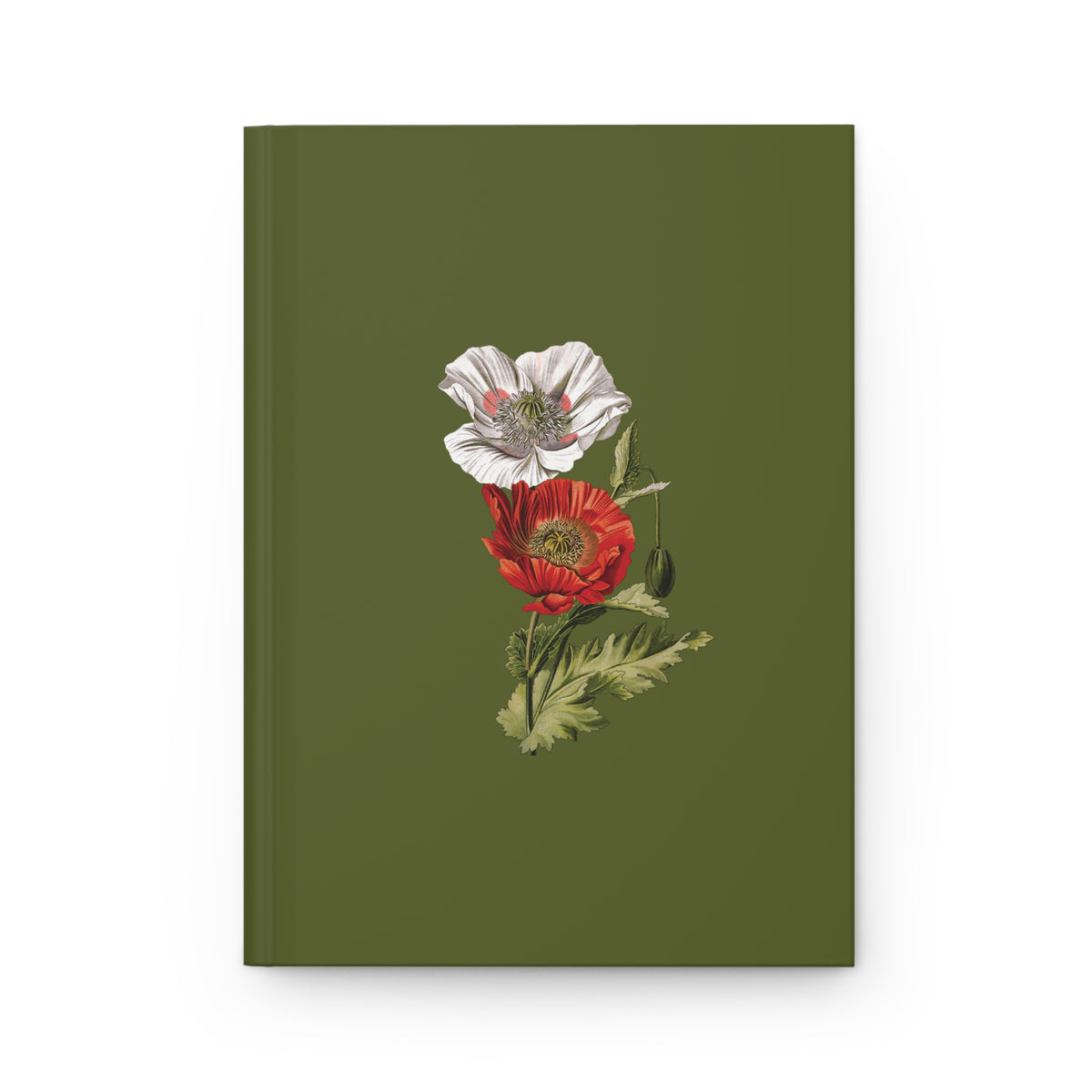Front cover of Poison Poppies journal with red and white poppy illustrations centered on an olive green background.