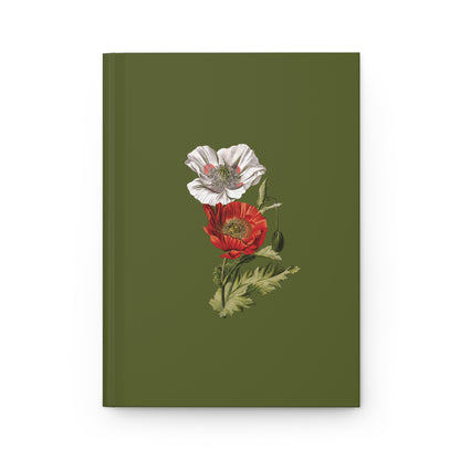 Front cover of Poison Poppies journal with red and white poppy illustrations centered on an olive green background.