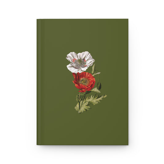 Front cover of Poison Poppies journal with red and white poppy illustrations centered on an olive green background.