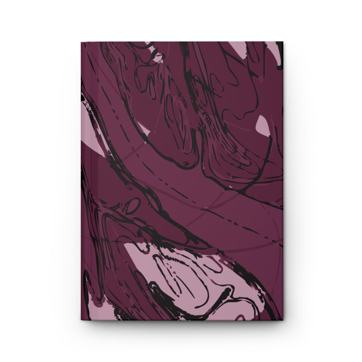 Front cover of Meandering River sketchbook with winding black river lines in plum and pale pink.