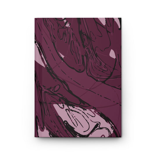 Front cover of Meandering River sketchbook with winding black river lines in plum and pale pink.
