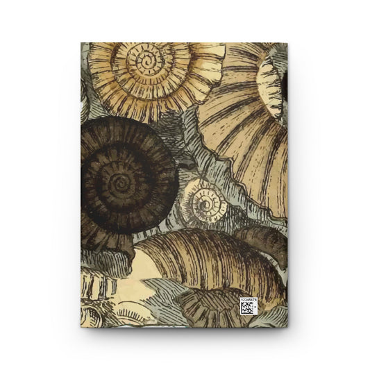 Back cover of Ammonite Inclusion sketchbook with overlapping ammonite fossil illustrations.