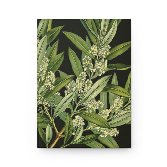 Front cover of Olive Branch journal with green leaves and cream blossoms on a dark background.
