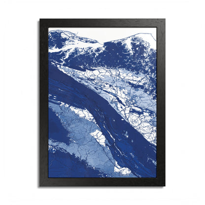 Atlantic Ocean 3026 art print with a sweeping deep blue band and intricate pale blue and white map lines in a black frame.
