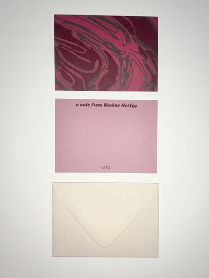 Oxbow stationery set showing a wine purple river-patterned back, personalized purple front, and cream envelope.