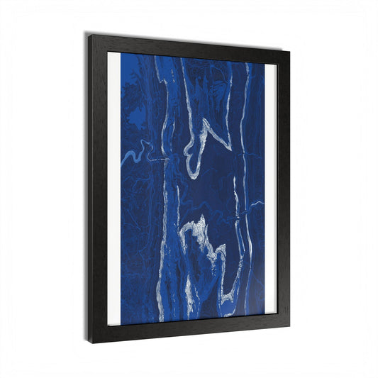 Angled view of Waterworld West Virginia map print displayed vertically in a black frame, with white lines on deep blue.