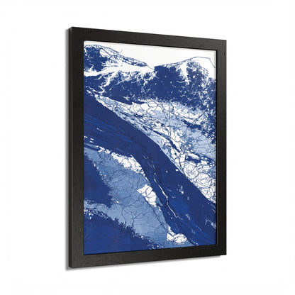Angled view of Atlantic Ocean 3026 art print showing its black frame and detailed blue and white map-inspired design.
