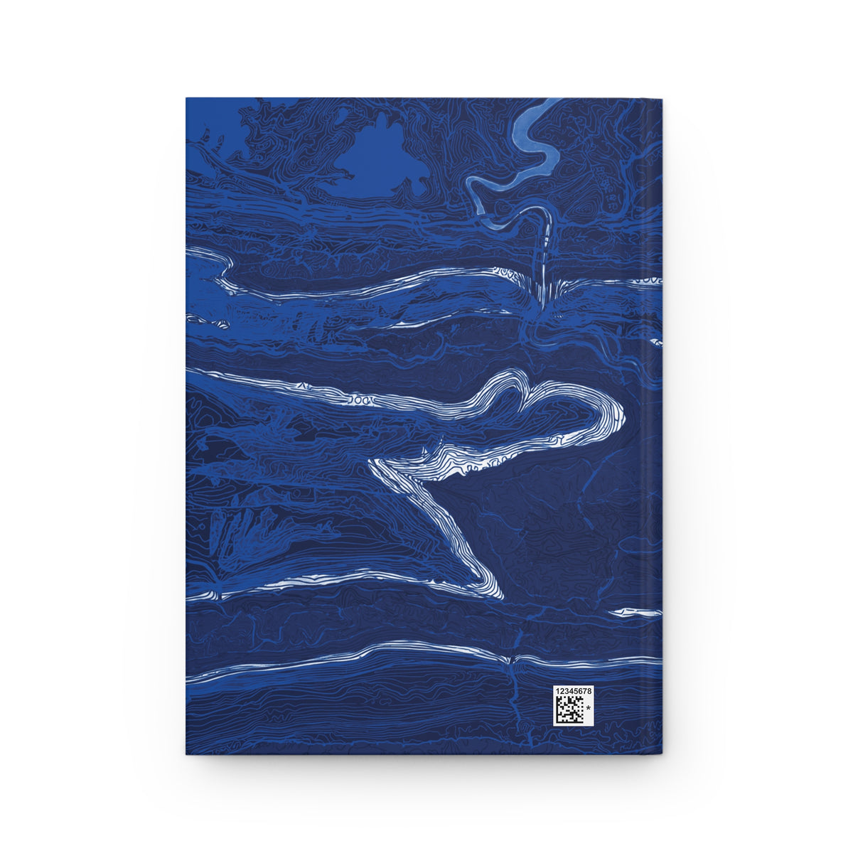 Back cover of The Fall Line journal with winding white and pale blue lines on a dark blue background.