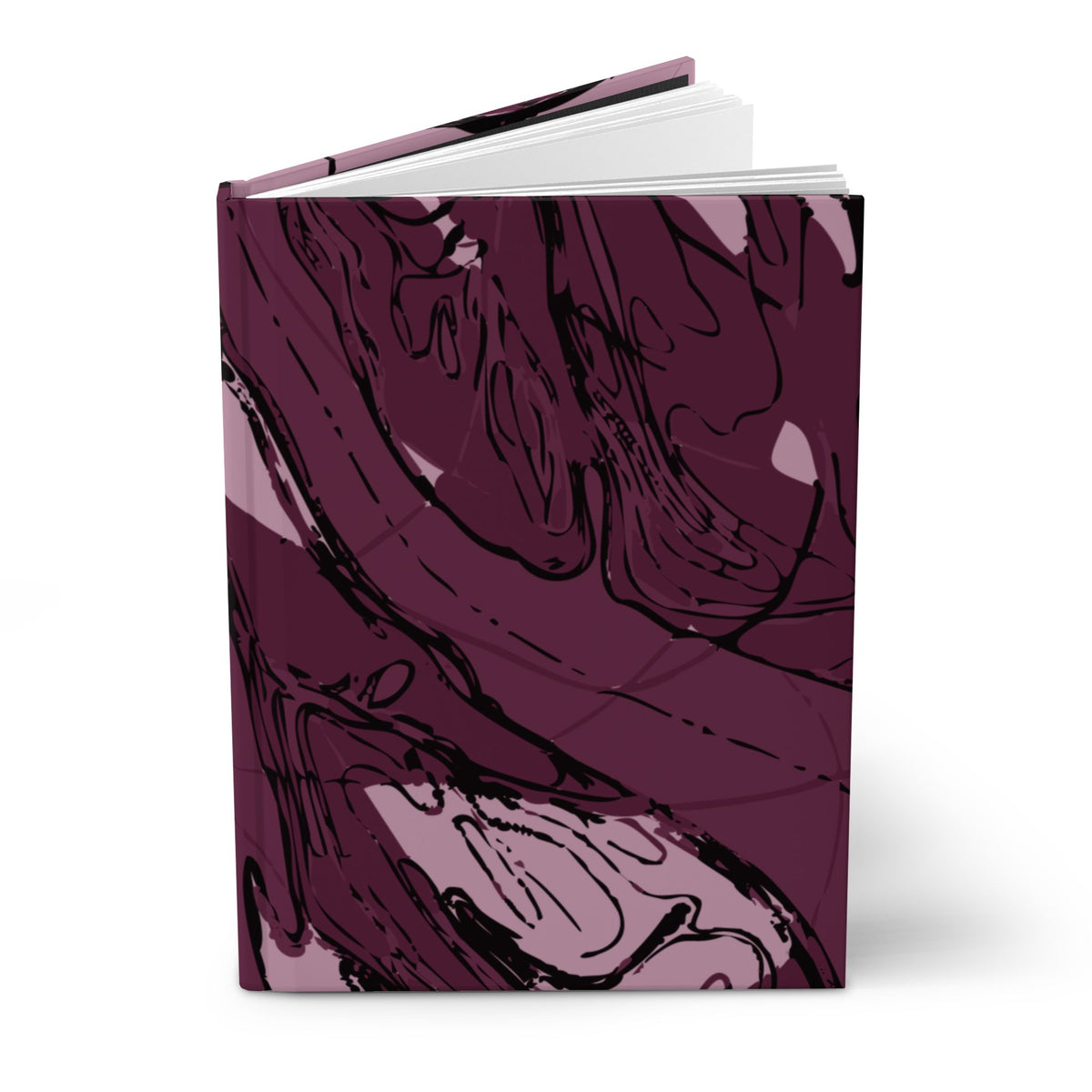 Meandering River hardcover sketchbook standing partly open, showing its plum and pink map-inspired cover.