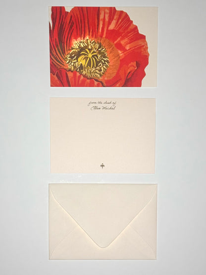 Full Blossom stationery set showing a red poppy-illustrated back, personalized blush front, and blush envelope.