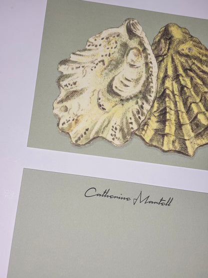 Close-up of Oyster Shells stationery showing two illustrated shells on sage green and a personalized pale green writing side.